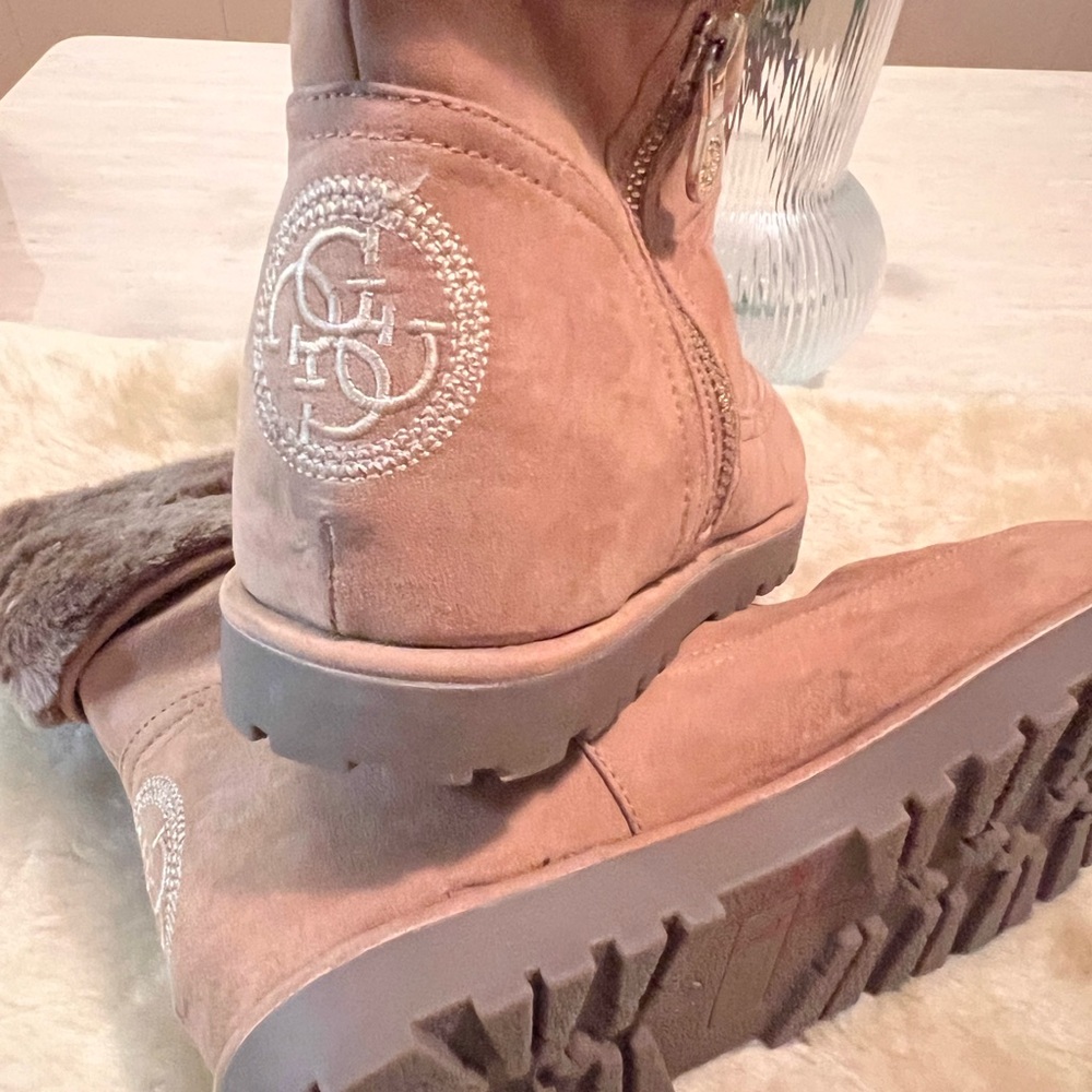 Guess Tan Suede Boots with Fur and Gold Accents